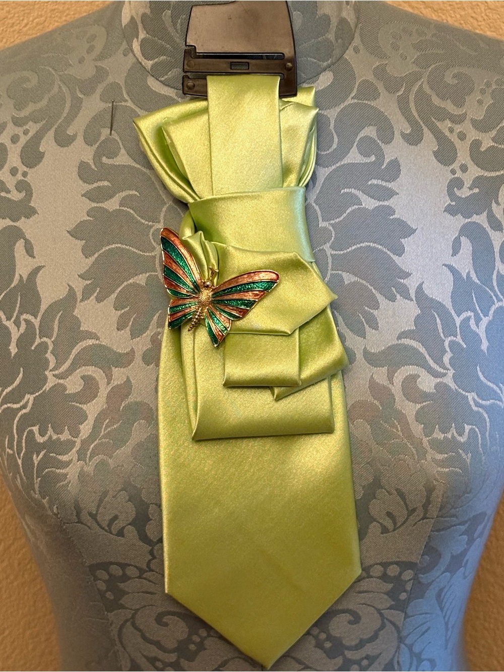 Lime Green Satin necktie necklace with Butterfly Pin